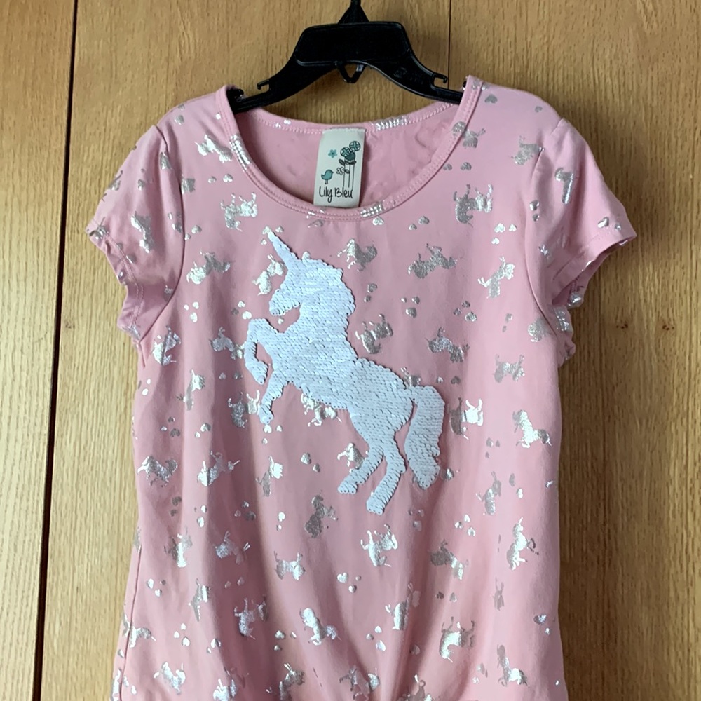 Lily Bleu size 14 girl pink unicorn knot waist tee top sequins silver white GUC